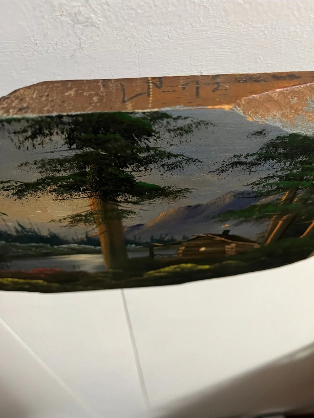 Hand painted wood cabin scene (Joe Breckenridge) possibly wall decor